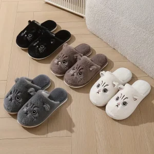 Pantoufles pour femmes, pantoufles de maison brodées de chat 3D d'animaux mignons, pantoufles de Couple chaudes et confortables d'automne et d'hiver