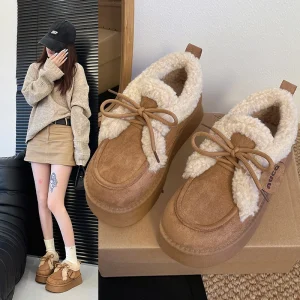 Nouveau daim femmes fourrure bottes de neige 2025 hiver chaud mocassins chaussures nouveau concepteur court en peluche coton bottes plate-forme mode confort