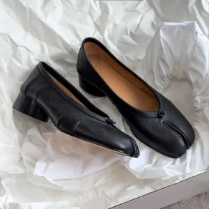 Chaussures à bout rond en cuir véritable pour femmes, chaussures à talons mi-hauts avec plis, Tibi Splittoe, ballerines en peau de mouton, hauteur de talon de 3cm