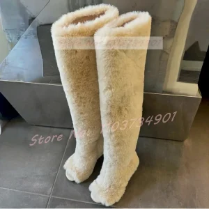 Bout ouvert sur le genou bottes femmes grande taille mode sans lacet fourrure moelleuse chaud confortable talons hauts chaussures dame astucieux bottes Sexy