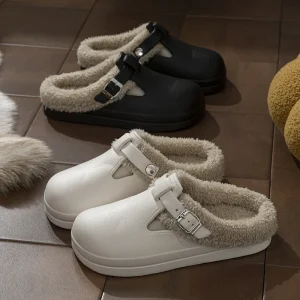 Eva Birken – pantoufles imperméables à bout fermé pour femme, pantoufles chaudes d'hiver en peluche, antidérapantes, talons plats, chaussures d'intérieur en coton, 2025