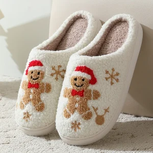 Pantoufles de noël en pain d'épice pour femmes et hommes, diapositives chaudes d'hiver, chaussures de maison pour Couple, chambre à coucher, semelle plate et souple, chaussures de maison pour cadeau
